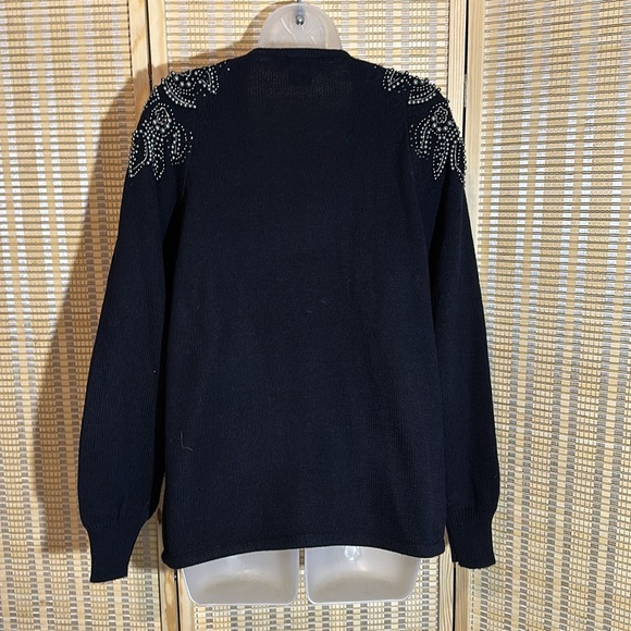 Darian Vintage 1990s Black Open Front Cardigan Sweater Silver Beading Medium - Picture 10 of 16
